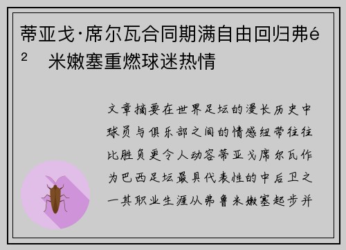 蒂亚戈·席尔瓦合同期满自由回归弗鲁米嫩塞重燃球迷热情