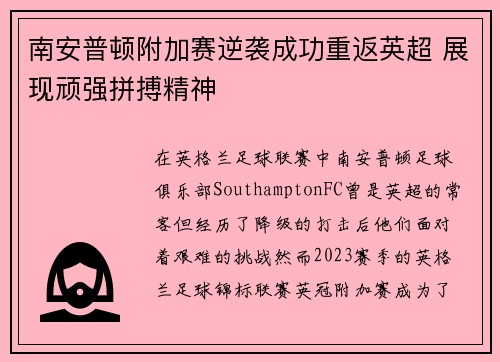 南安普顿附加赛逆袭成功重返英超 展现顽强拼搏精神